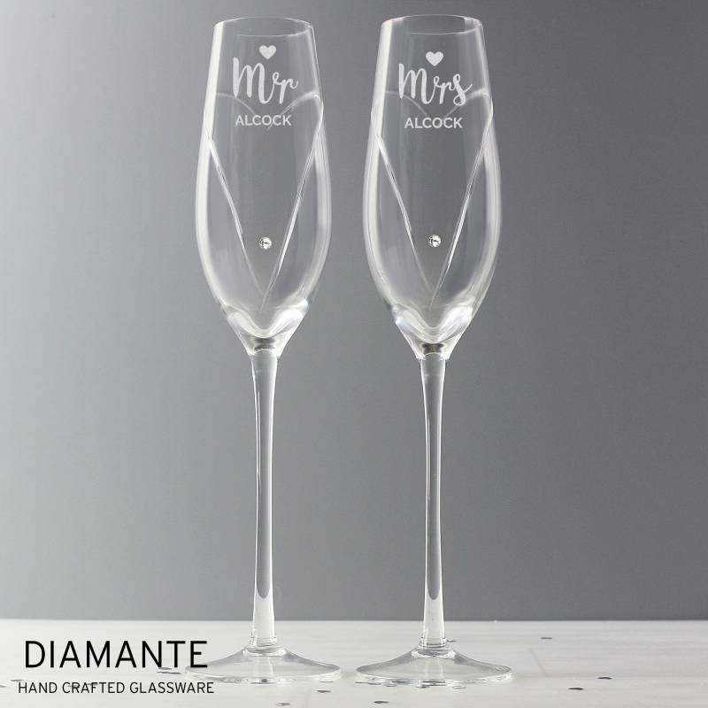 Personalised Hand Cut Mr & Mrs Pair of Flutes with Swarovski Elements in Gift Box